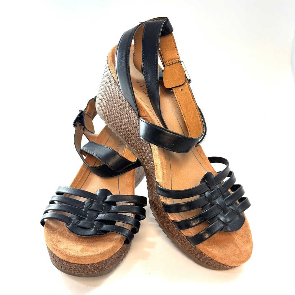 Vionic Clarisa Raffia Wedge‎ Sandals Black Leather Strappy Ankle Strap Women 10
